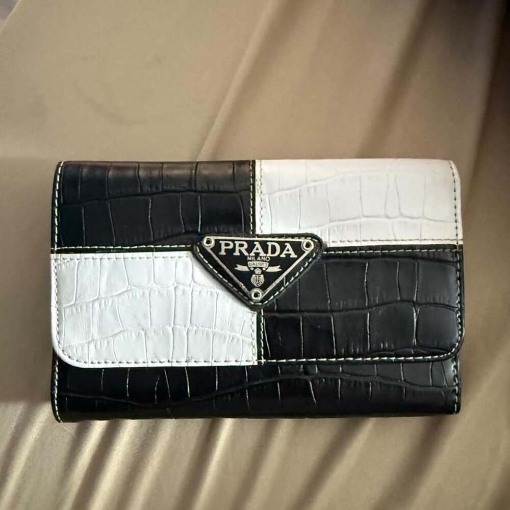Prada Black and White Crocodile Embossed Leather Wallet